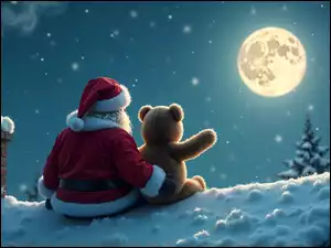 Pluszowy miś i Mikołaj obok kominana ośnieżonym dachu w księżycowym blasku