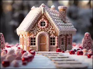 Białe, Pierniki, Stożki, Kule, Udekorowany, Czerwone, AI, Domek