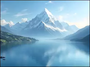 Zalesione zbocza i ośnieżone góry nad jeziorem