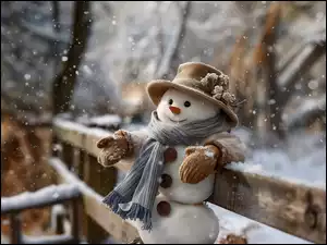 Płot, Bałwan, Szal, Grafika AI, Kapelusz, Zima