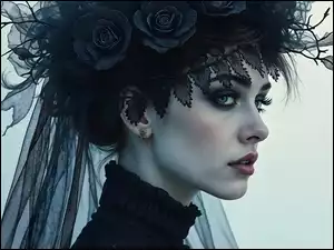 Czarny, AI, Półprofil, Kobieta, Welon