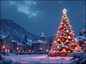 Góry, Zima, Choinka, Boże Narodzenie, Śnieg, Domy, AI, Udekorowana