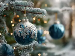 Bombka, Niebieska, Świerka, Grafika AI, Gałązki, Boże Narodzenie