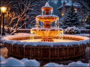 Ośnieżone, Zima, Fontanna, Drzewa, Śnieg, Latarnia, AI, Park
