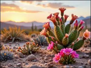 Kamienie, Piasek, Kaktusy, Roślin, Kwitnące, Kępki