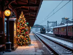 Udekorowana choinka i zegarna peronie stacji kolejowej