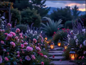 Kwiaty, Różowe, Lampiony, Ogród, Ozdobne, Rośliny, Róże