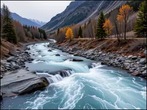Góry, Jesień, Rzeka, Drzewa, Rwąca, Kamienie