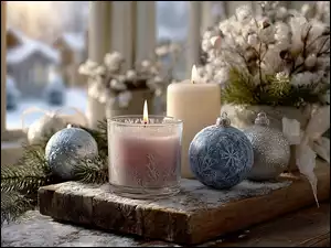 Świece, Boże Narodzenie, Ozdoby, Grafika AI, Bombki, Świąteczne