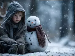 Grafika AI, Chłopiec, Bałwanek, Zima