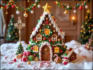 Piernik, Boże Narodzenie, Choinki, Prezenty, Domek, Bombki