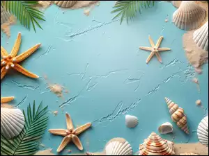 Rozgwiazdy, Muszelki, Piasek, Tło, Liście, Niebieskie