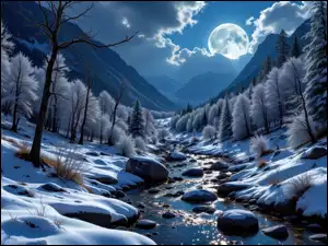 Rzeka, Góry, Kamienie, Zima, Drzewa, Oszronione, Księżyc