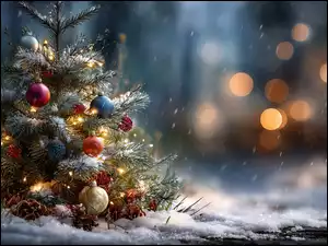 Bombki, Grafika AI, Choinka, Boże Narodzenie, Śnieg