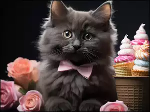 Kot, Puszysty, Muszka, Lody, Różowa, Kwiaty