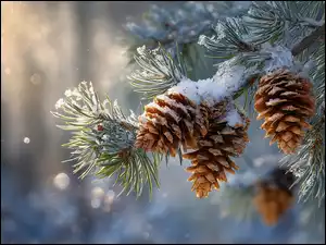 Ośnieżone szyszki na gałązkach świerku