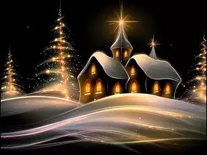 Noc, Grafika AI, Choinki, Kościół, Zima