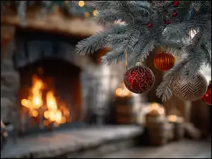 Bombki, Grafika AI, Choinka, Boże Narodzenie, Kominek