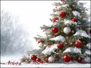 Choinka, Boże Narodzenie, Śnieg, Grafika AI, Bombki, Zima