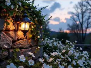 Białe, Drzewa, Latarnia, Mur, Kwiaty