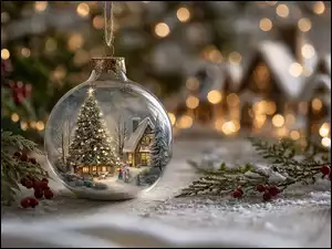 Bombka ozdobiona zimową scenką z choinką i domkami obok zielonych gałązek