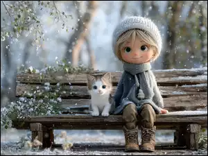 Grafika AI, Dziewczynka, Kot, Ławka