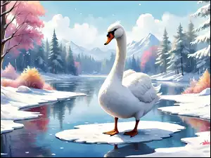 Rzeka, Łabędź, Ptak, Zima