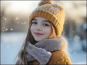 Czapka, Zima, Dziewczynka, Długowłosa, Szal
