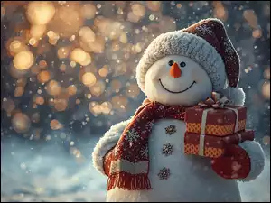 Uśmiechnięty bałwanek w czapce i szaliku z prezentami w ręce