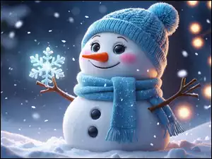 Śnieżynka, Zima, Szalik, Śnieg, Bałwan, Uśmiech, Światełka, Czapka