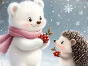 Biały miśw szaliku i jeż z owocami ostrokrzewu w łapkach w padającym śniegu