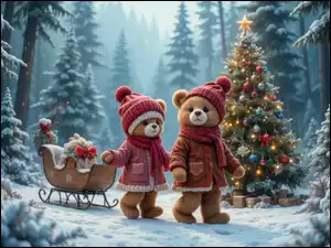 Choinka, Dwa, Udekorowana, Boże Narodzenie, Las, Zima, Czapki, Prezenty, Misie, Kożuszki, Sanie, Śnieg