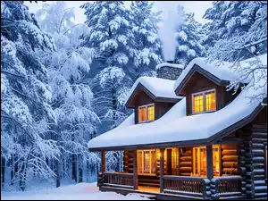 Las, Ośnieżone, Śnieg, Zima, Dom, Oświetlony, Drzewa