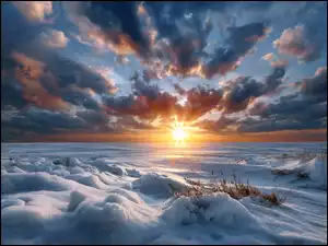Ośnieżone, Zima, Chmury, Grafika AI, Pole, Zachód słońca