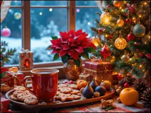 Udekorowana choinka oraz ciasteczka i kubek na tacy przy oknie