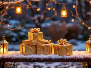 Lampiony, Grafika AI, Prezenty, Złote, Ławka