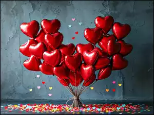 Balony czerwone w ksztalcie serca związane sznurkiem na tle ściany w grafice komputerowej