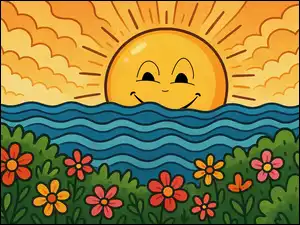 Kwiatki i słońce nad morzem w grafice