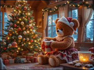 Okna, Boże Narodzenie, Prezent, Dekoracje, Choinka, Filiżanka, AI, Miś pluszowy