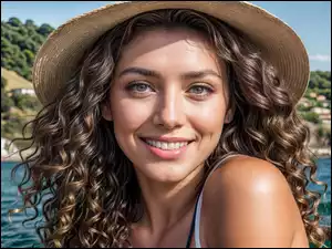 Kręcone, Uśmiech, Kapelusz, Kobieta, Włosy