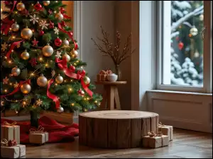 Prezenty, Choinka, Okno, Grafika AI, Podium, Boże Narodzenie