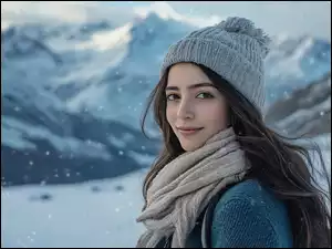 Szatynka, Długie, Spojrzenie, Kobieta, Szal, Czapka, Włosy