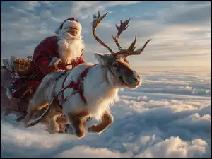 Święty, Renifer, Sanie, Grafika AI, Mikołaj, Chmury