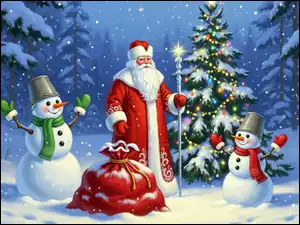 Zima, Choinka, Las, Udekorowana, Mikołaj, Boże Narodzenie, Bałwanki, Dwa, Worek, Śnieg