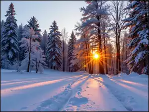 Las, Promienie słońca, Droga, Zima, Zaśnieżona, Drzewa, Ośnieżone