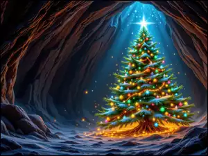 Boże Narodzenie, AI, Skały, Jaskinia, Choinka