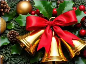 Dzwonki, Boże Narodzenie, Bombki, Grafika AI, Kokarda, Dekoracja
