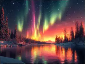 Grafika AI, Jezioro, Drzewa, Zorza polarna