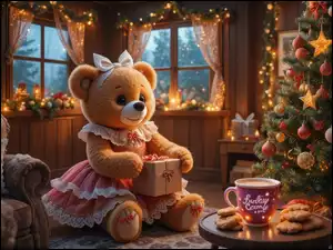 Choinka, Miś pluszowy, AI, Boże Narodzenie, Dekoracja, Kubek, Prezent