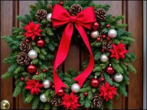 Bombki, Boże Narodzenie, Kwiaty, Wstążka, Wianek, Czerwone, AI, Gałązki